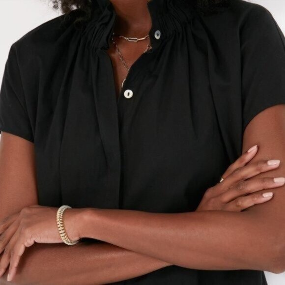 Pomander Place | NEW Black Rae Short Cap Sleeve Ruffle Collar Blouse Size S - Picture 3 of 10